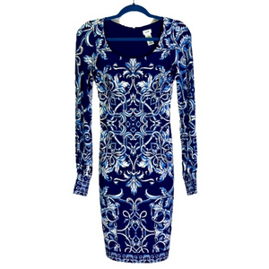 CACHE Navy Blue & White Filigree Print Long Sleeve Dress